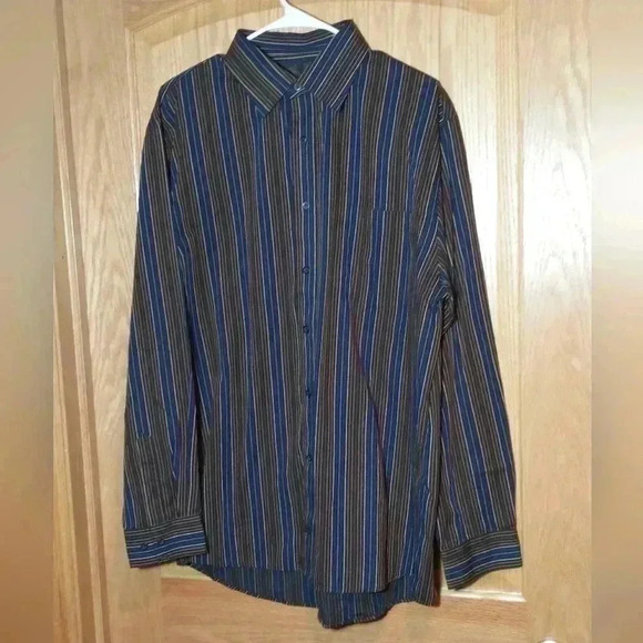 F/X Fusion black with blue brown stripes long sleeve button down shirt size XL - Picture 1 of 7
